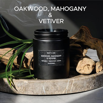 Craft & Kin Premium Oakwood, Mahogany & Vetiver Candle | Black Scented Candles for Men | Long Lasting with 45 Hour Burn Time, 7.6oz | Soy Candles | Aromatherapy at Home