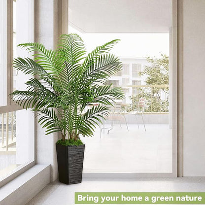 Artificial Palm Tree Artificial Silk Plant Fake Tree with White Tall Planter Faux Tropical Areca Floor Plant in Pot (1, Black Tall Planter, 5 FT)