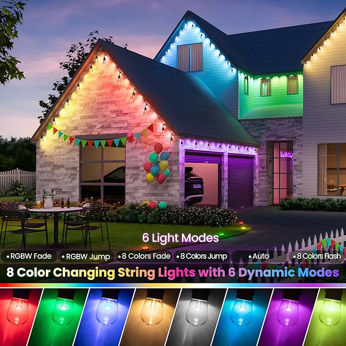 50FT RGB Solar Outdoor String Lights with Remote, Dimmable Waterproof Patio Lights with 15 LED Shatterproof Edison Bulbs for Backyard-Black