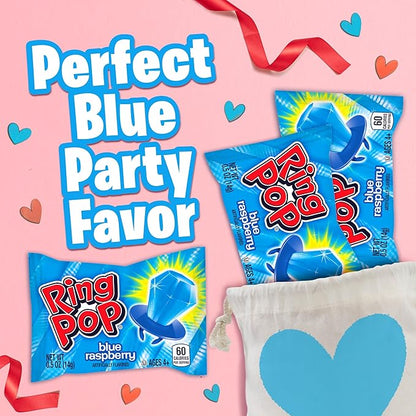 Ring Pop Blue Candy, 70 Ct Individually Wrapped Bulk Lollipop Pack, Blue Raspberry Flavored Lollipop Suckers for Kids, Fun Candy Bulk for Valentine's Gifts, Goodie Bags, Party Favors