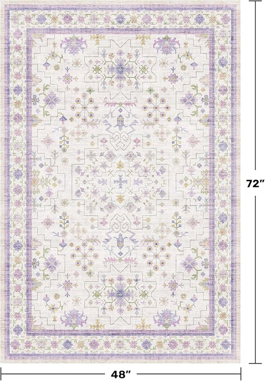 Purple Rugs for Girls Bedroom, Non Slip Machine Washable 4x6 Floral Area Rug for Nursery Kids Room, Living Room, Low Pile Lavender Girly Dorm Pastel Décor