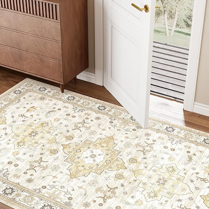 3x5 Area Rug for Entryway, Small Beige Boho Washable Rug, Soft Modern Low Pile Indoor Doormat, Carpet for Bedroom Bedside Living Room Bathroom Playroom Kitchen Dining Room Laundry, Beige/Gold