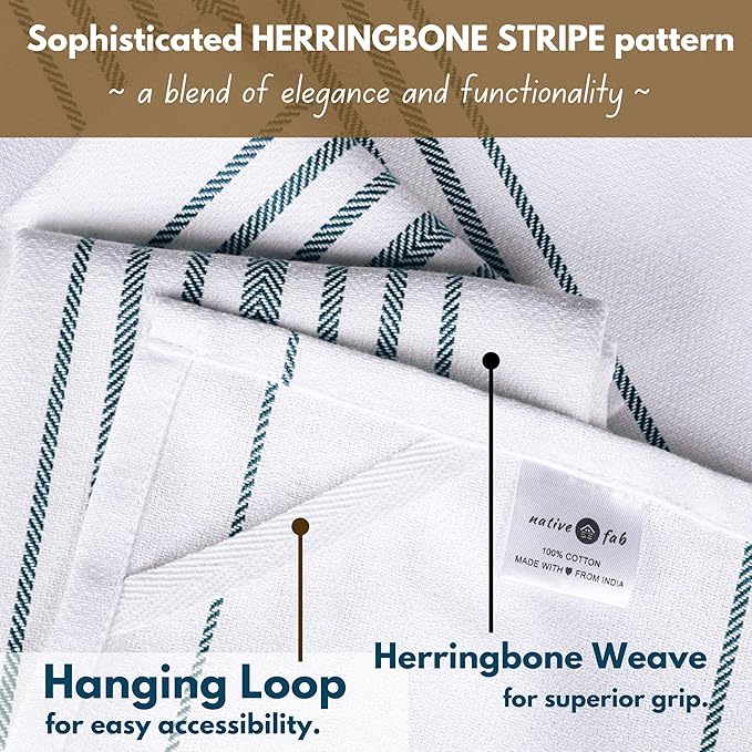Native Fab Kitchen Tea Towels 16x26 inches - 12 Pack Herringbone Weave - 100% Cotton Scandia Striped Dish Towels, Wash Cloths, Absorbent Hand Towels with Hanger - Teal Green White