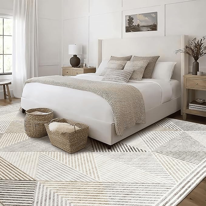 ReaLife Rugs Machine Washable Area Rug Runner - Living Room Bedroom Bathroom Kitchen Entryway Office - Padded Low Pile Stain Resistant Premium - Modern Geometric Contemporary - Miles - Beige 3' x 5'