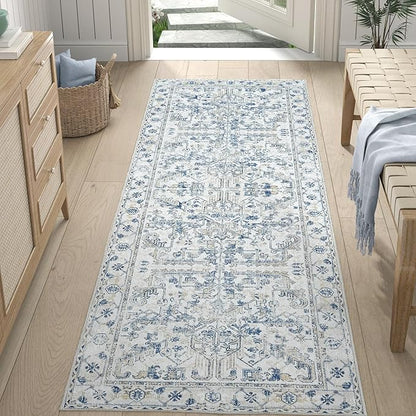 jinchan Runner Rug 2x6 Washable Hallway Runner - Vintage Floral Non Slip Low-Pile Soft Ultra-Thin Kitchen Rug Distressed Carpet for Farmhouse Bedroom Entryway Laundry Room (2x6ft,Blue)