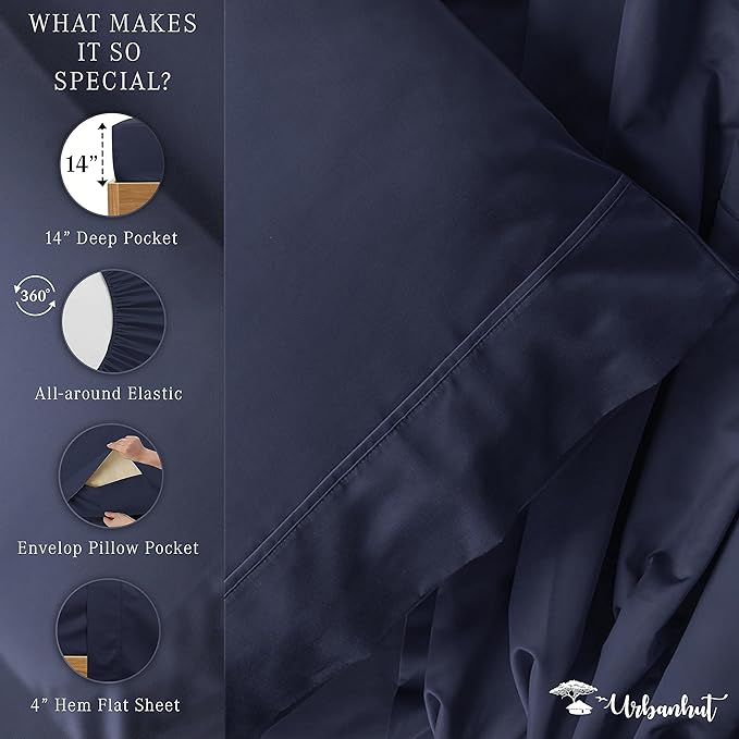 URBANHUT 800 Thread Count Twin Size Egyptian Cotton Sheets Set, 4 Pc Bed Sheet Sets for Twin Size Bedding, Luxury Hotel Sheets Sateen Finish Fits 16" Deep Pocket - Navy Blue