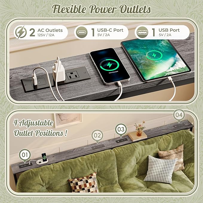 Huuger 110.2 Inch Sofa Table with Power Outlets, 23.9’’-34.4’’ Height Adjustable Range, Behind Couch Table with USB-C Ports, Sofa Tables Narrow Long, Skinny Console Table, for Small Spaces, Grey