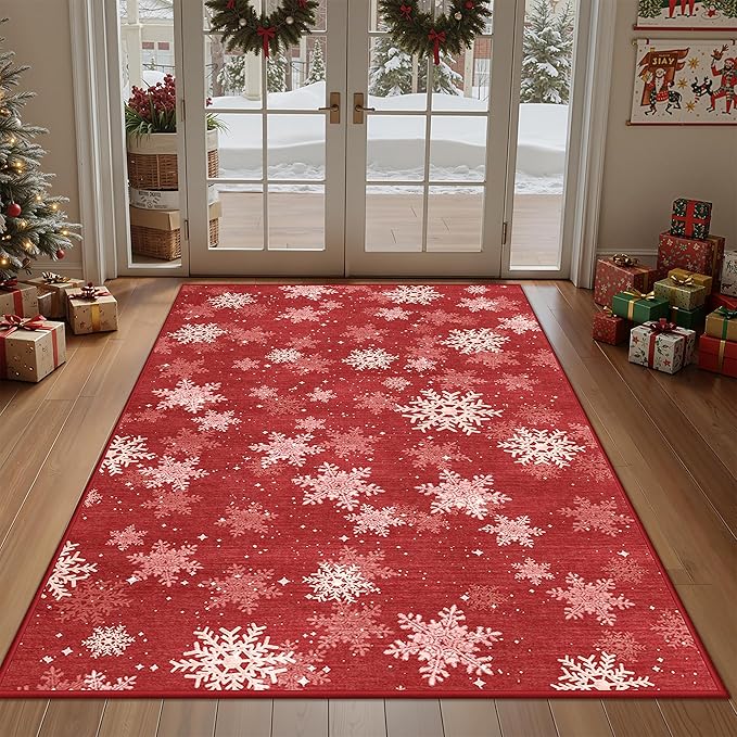 3x5 Christmas Area Rug for Entryway, Soft Kitchen Rugs Non Slip for Dining Room, Washable Snowflake Doormat, Red and White Christmas Porch Decor Indoor(3'x5', Red/White)