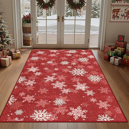3x5 Christmas Area Rug for Entryway, Soft Kitchen Rugs Non Slip for Dining Room, Washable Snowflake Doormat, Red and White Christmas Porch Decor Indoor(3'x5', Red/White)