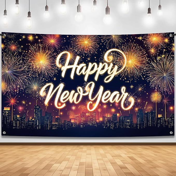 KatchOn, XtraLarge Happy New Year Banner - 72x44 Inch | Neon New Year Backdrop 2026 | Neon New Years Decorations 2026 | NYE Eve Banner For NYE Decorations 2026 | New Years Eve Party Supplies 2026