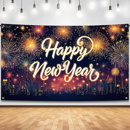 KatchOn, XtraLarge Happy New Year Banner - 72x44 Inch | Neon New Year Backdrop 2026 | Neon New Years Decorations 2026 | NYE Eve Banner For NYE Decorations 2026 | New Years Eve Party Supplies 2026