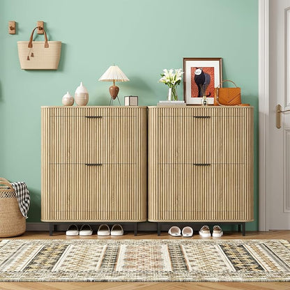 Shoe Cabinet with 4 Flip Drawers, Arc Narrow Wood Shoe Storage Cabinet with Fluted Panel and Metal Legs, Freestanding Wood Hidden Shoe Rack Cabinet for Foyer, Hallway, Nature-2