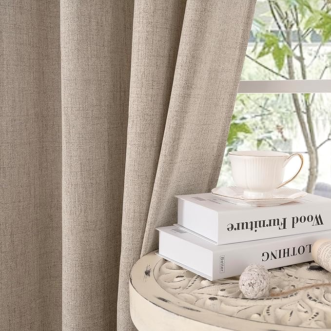 YoungsTex Oatmeal Linen Curtains 48 Inch Length, Burlap Semi Sheer Drapes Light Filtering with Rod Pocket Back Tab for Living Room Short Window, 2 Panels, 42 X 48 Inch