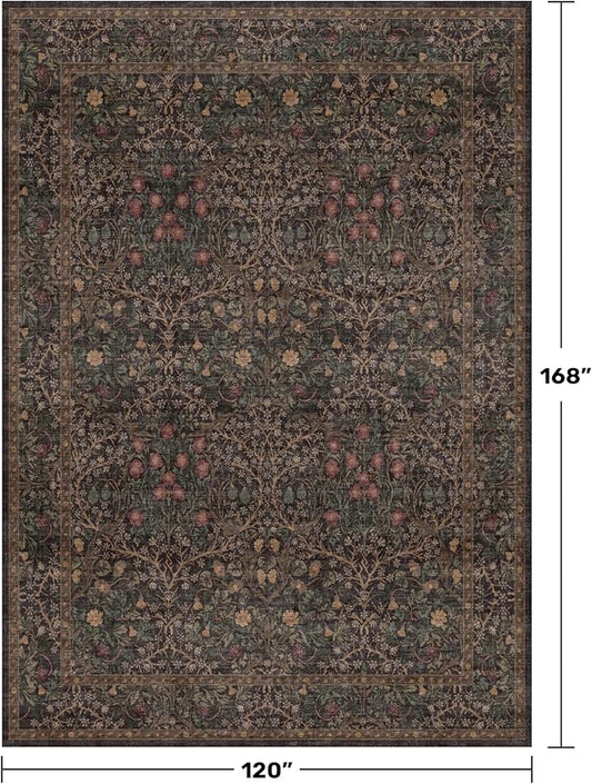 Dark Brown 10x14 Area Rugs for Living Room - Extra Large Vintage Western Unique Neutral Floral, Washable Low Pile Non-Slip Soft Thin Area Rug for Dining Under Table, Bedroom Under Bed