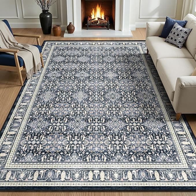 Dark Blue Area Rug 6x9, Boho Floral Moroccan Trellis Printed Transitional Style Rugs for Living Room Bedroom, Washable Non Slip Low Pile Thin Carpet Rug for Dining Room Guest Room Home Office
