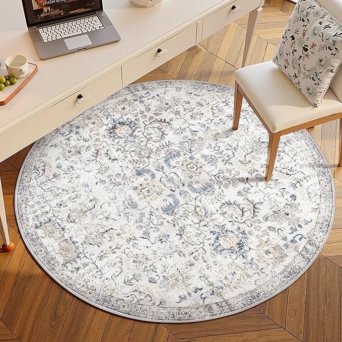 jinchan Round Rug 5ft Area Rug Washable Vintage Indoor Retro Accent Entryway Floor Cover Distressed Floral 5' Round Circle Boho Non Slip Thin Carpet for Kitchen Bedroom Living Room Dining Room Blue