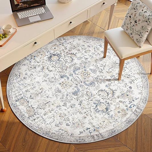 jinchan Round Rug 5ft Area Rug Washable Vintage Indoor Retro Accent Entryway Floor Cover Distressed Floral 5' Round Circle Boho Non Slip Thin Carpet for Kitchen Bedroom Living Room Dining Room Blue