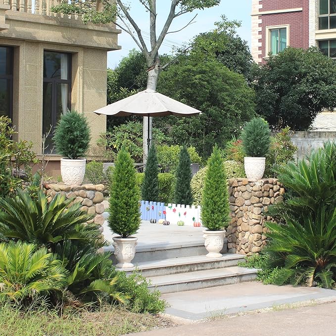 Two 4ft Artificial Topiary Tree Fake Bushes Potted Plants UV Resistant Faux Cedar Trees Artificial Outdoor Shrubs for Front Porch Garden