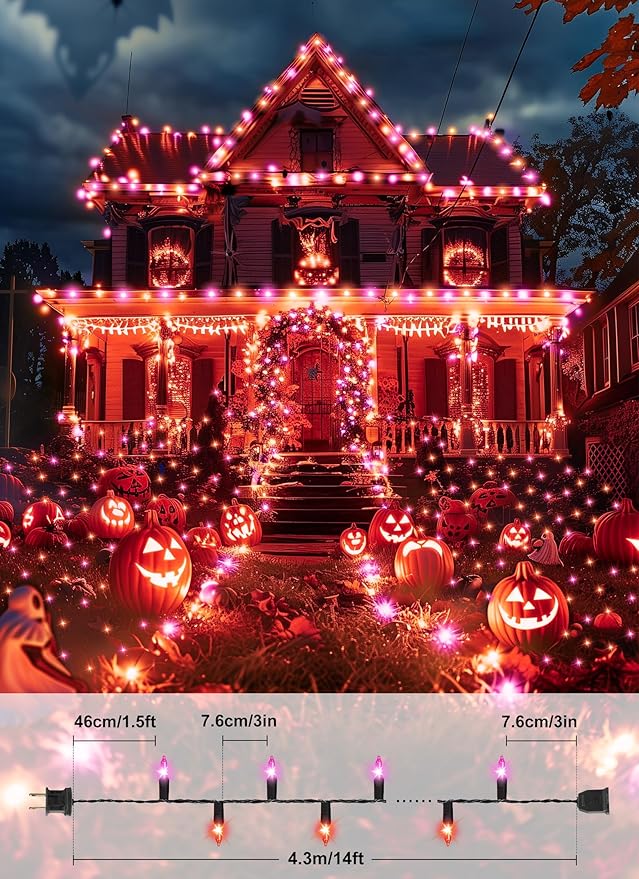 Halloween Mini Lights, 50 Count 13 Feet Incandescent Bulb Mini String Lights, Connectable Halloween Lights for Haunted House Ghost Party Holiday Window Indoor Outdoor Decoration, Orange & Purple