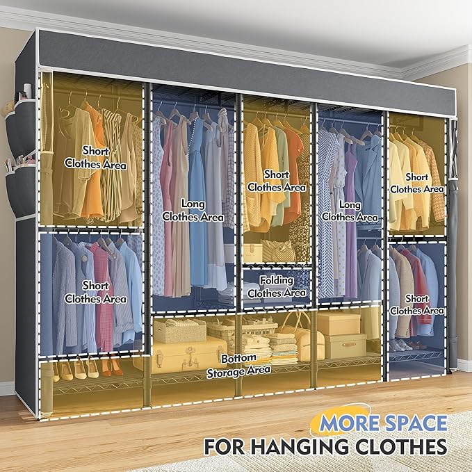 Raybee 90.6" W Clothes Rack with Cover Heavy Duty Clothing Racks for Hanging Clothes Portable Closet Loads 1200LBS Freestanding Garment Rack for Bedroom, Black