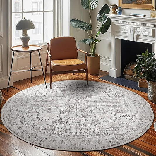 jinchan Round Rug 8ft Vintage Machine Washable Area Rug Kitchen Indoor Circle 8' Ultra-Thin Non-Slip Floral Print Carpet for Farmhouse Entryway Dining Room Living Room Bedroom Office (8'Round,Taupe)