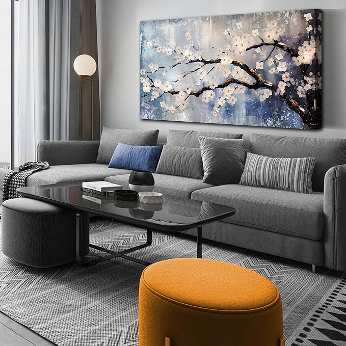 Plum Blossom Tree Wall Art - Blue Wall Decor - Asian Wall Art for Living Room Large Size Bedroom Office Pictures Size 29" x 59"