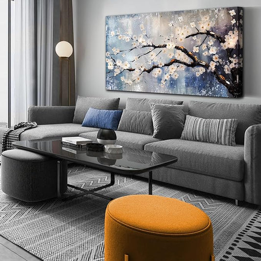 Plum Blossom Tree Wall Art - Blue Wall Decor - Asian Wall Art for Living Room Large Size Bedroom Office Pictures Size 29" x 59"