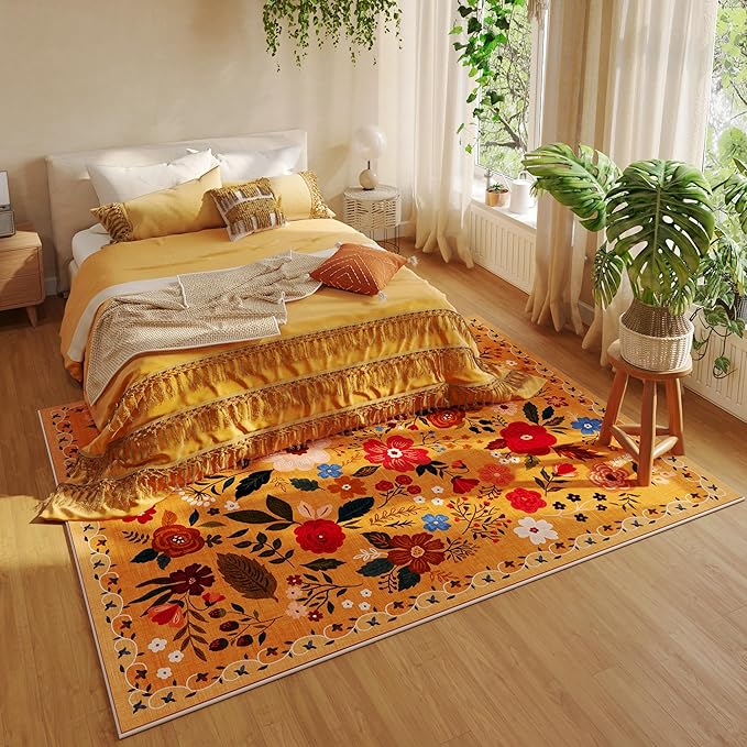 Rugcomf Living Room Rug 5x7 Rug Machine Washable Boho Area Rug Non Slip Floral Vintage Low Pile Large Rugs for Living Room, Bedroom, Farmhouse, Dining Room, Kids Playroom(Yellow)