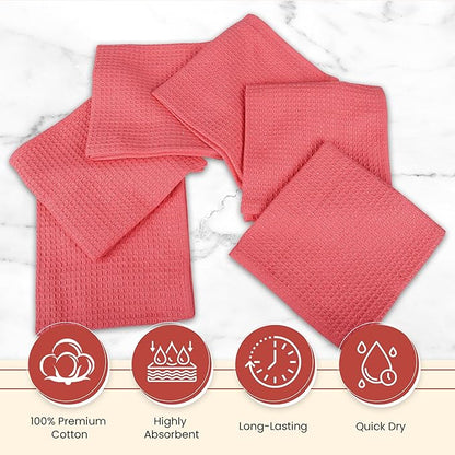 Vintage Vista 100% Cotton Waffle Dish Cloths (Pack of 6) - Dish Rags for Washing Dishes - Reusable & Highly Absorbent Kitchen Towels - Kitchen Rags for Christmas - (12" x 12" - Pink)