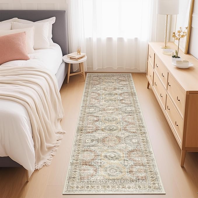 Rug Runners for Hallways Non Slip - 2x8 Runner Rug for Bedroom, Washable Runner with Rubber Backing, Soft Low-Pile Carpet for Kitchen, Laundry, Bathroom (2'x8', Brown/Pink)