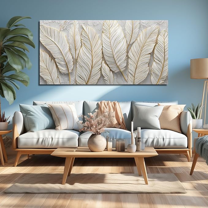 JuhaiArt White Picture Art Feather Canvas Wall Art Bedroom Gold Wall Decorations Art for Living Room Home Office 29" x 59" Artwork Prints