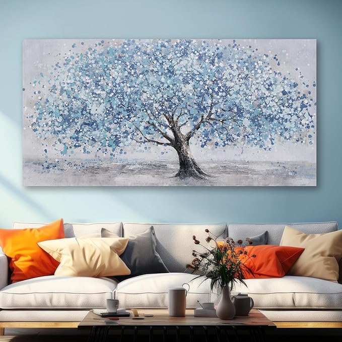 Tree of Life Wall Art Blue Tree Picture Wall Decor Artwork Framed Abstract Canvas Painting Nature Decor for Living Room Bedroom Bathroom Office Home Decor 48"x24"Can Be Hung Directly