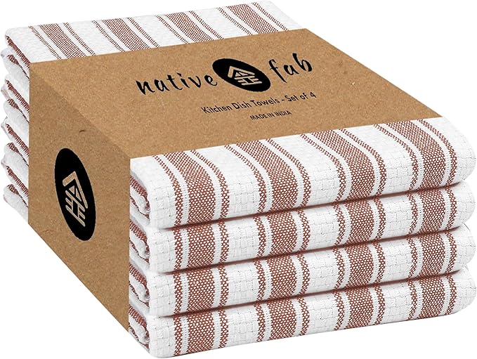 Native Fab Stripe Kitchen Towels - 100% Cotton - 4 Pack - 16"x26" - Striped Tea Towel, Dish Cloths for Drying Dishes, Absorbent, Quick Dry Towels Set with Hanging Loop - Rust