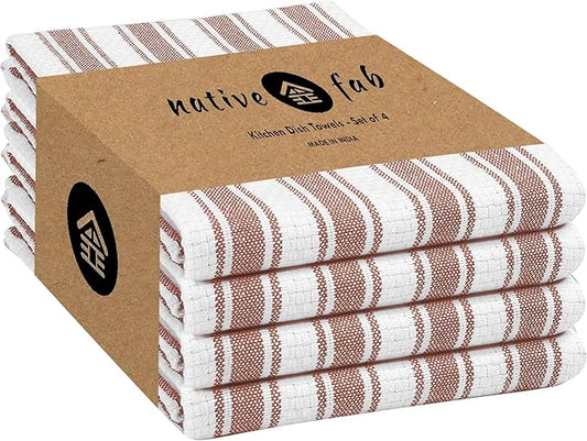 Native Fab Stripe Kitchen Towels - 100% Cotton - 4 Pack - 16"x26" - Striped Tea Towel, Dish Cloths for Drying Dishes, Absorbent, Quick Dry Towels Set with Hanging Loop - Rust