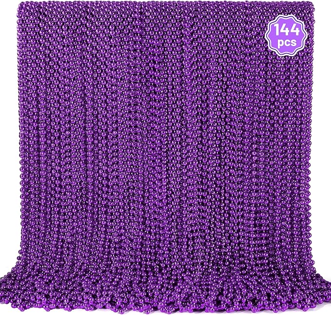 YAXINRUI 144 PCS Purple Bead Necklace, Purple Mardi Gras Beads, Halloween Beads Necklaces, 33 Inch Round Beaded Necklace Costume Necklace for Mardi Gras Christmas Halloween Party Favors