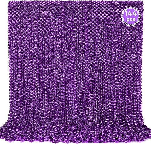 YAXINRUI 144 PCS Purple Bead Necklace, Purple Mardi Gras Beads, Halloween Beads Necklaces, 33 Inch Round Beaded Necklace Costume Necklace for Mardi Gras Christmas Halloween Party Favors