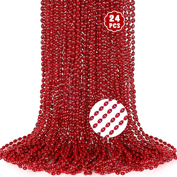 24PCS Mardi Gras Beads for Red Accessories, Metallic Red Bead Necklace, 32" Necklace Costume Oval Party Beaded Necklaces for Festival Parade Throw Accessories Wedding Valentines Christmas Party Favor
