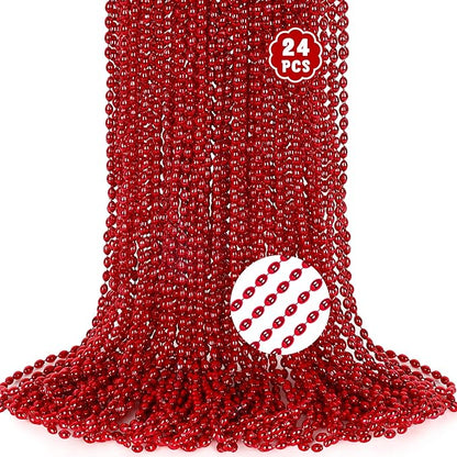24PCS Mardi Gras Beads for Red Accessories, Metallic Red Bead Necklace, 32" Necklace Costume Oval Party Beaded Necklaces for Festival Parade Throw Accessories Wedding Valentines Christmas Party Favor