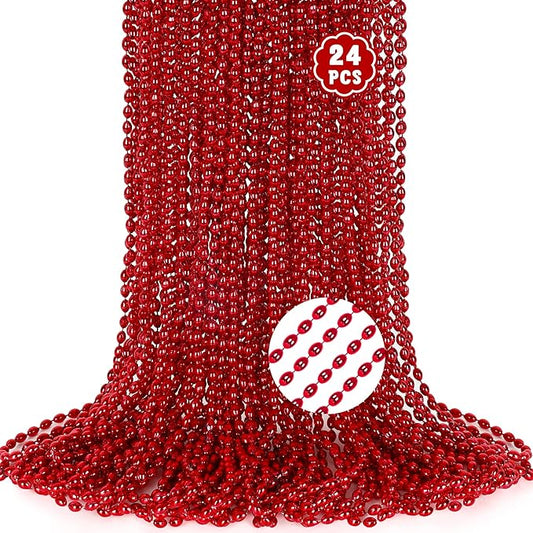 24PCS Mardi Gras Beads for Red Accessories, Metallic Red Bead Necklace, 32" Necklace Costume Oval Party Beaded Necklaces for Festival Parade Throw Accessories Wedding Valentines Christmas Party Favor