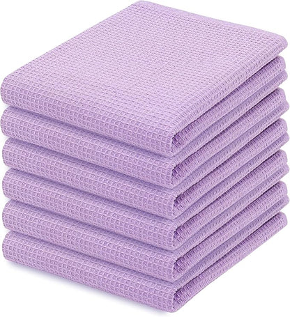 PurpleEssences Waffle Weave Kitchen Towel, 100% Cotton - 15 x 25 Inches, with Hanging Loop Ultra Soft Absorbent Quick Drying Dish Cloth, Tea and Hand Towels, 6 Pack - Fall Thanksgiving - Lavender