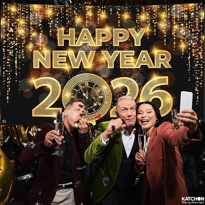 KatchOn, XtraLarge Happy New Year Banner - 72x44 Inch | New Year Backdrop 2026 | New Years Decorations 2026 | NYE Eve Banner For NYE Decorations 2026 | New Years Eve Party Supplies 2026