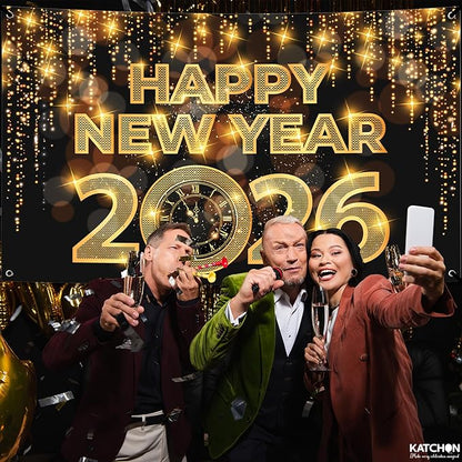 KatchOn, XtraLarge Happy New Year Banner - 72x44 Inch | New Year Backdrop 2026 | New Years Decorations 2026 | NYE Eve Banner For NYE Decorations 2026 | New Years Eve Party Supplies 2026