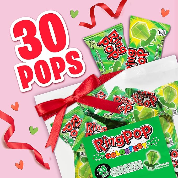 Ring Pop Individually Wrapped Watermelon Flavored Green Candy Lollipop Suckers for Celebrations & Halloween and Parties,30 Oz
