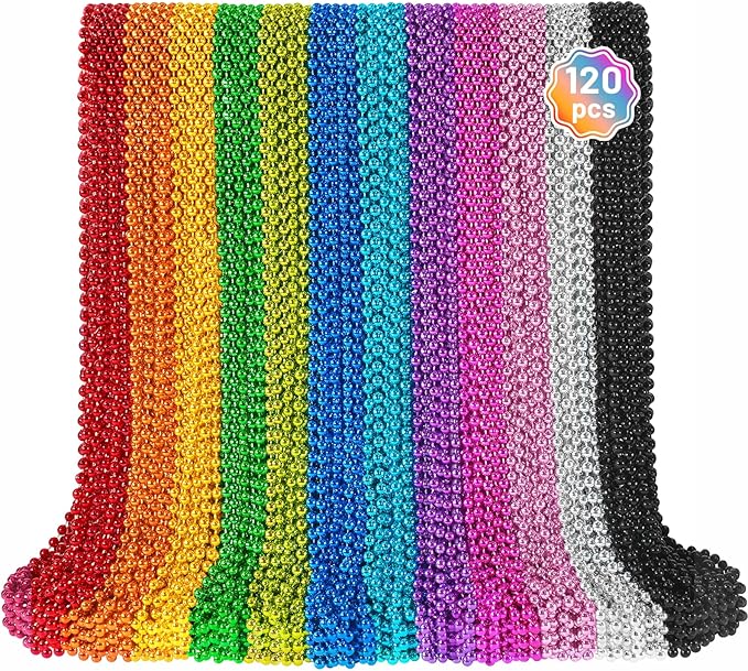 YAXINRUI 120 PCS Mardi Gras Beads, Party Beads Necklaces for Mardi Gras, Christmas, St. Patrick's Day, Metallic Colorful Necklaces Accessories in 12 Colors