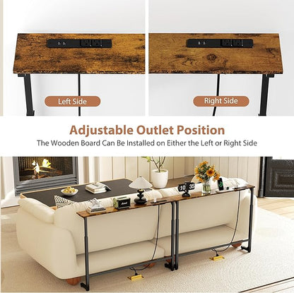 GRLEAF 2 Pack Adjustable Height Narrow Console Table with Power Outlets, 90" Long Sofa Table with Charging Station Behind Couch Table Entryway Table for Living Room and Hallway – Rustic Brown