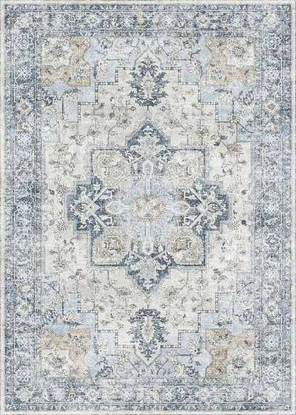 GENIMO 8x10 Area Rugs for Living Room, Machine Washable Non Slip Vintage Rugs, Low Pile Lightweigt Chenille Print Indoor Rug for Bedroom, Dining Room, Home Office, Blue