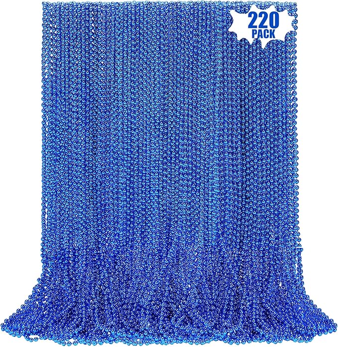 220 PCS Blue Bead Necklace, 33 Inch Mardi Gras Christmas Beads, Bulk Metallic Party Beads for Mardi Gras Parade, St Patricks Day, Wedding, Birthday, Pirate Carnival Party Favors
