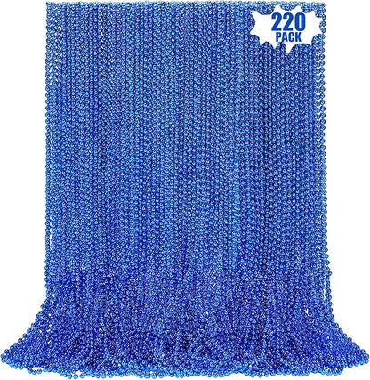 220 PCS Blue Bead Necklace, 33 Inch Mardi Gras Christmas Beads, Bulk Metallic Party Beads for Mardi Gras Parade, St Patricks Day, Wedding, Birthday, Pirate Carnival Party Favors