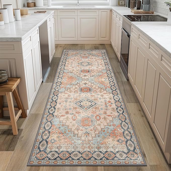 GENIMO 2x5 Washable Runner Rug for Hallway, Vintage Non Slip Low Pile Carpet, Soft Lightweight Printed Rug for Entryway, Kitchen, Corridor & Home Office, Peach Blossom