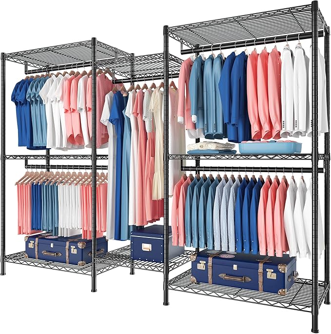 Raybee Clothes Rack for Hanging Clothes,Clothing Rack with Shelves,Portable Closet,for Apartment,Bedroom,Metal, Adjustable,Max Load 900lbs,Black